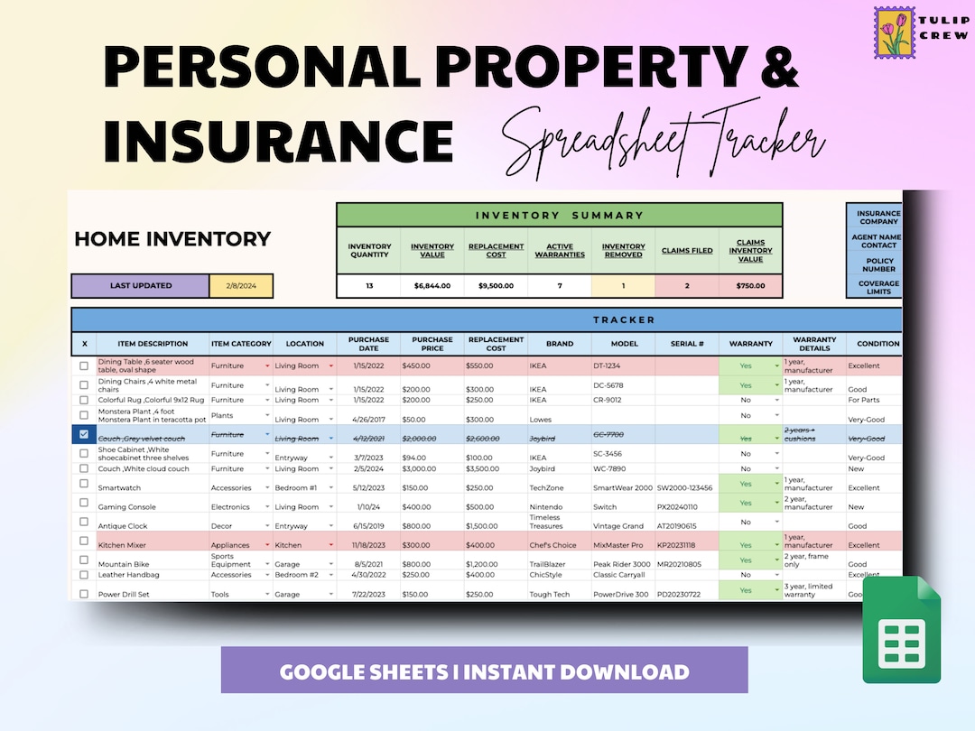 Personal Property Insurance Tracker, Personal Property Spreadsheet ...